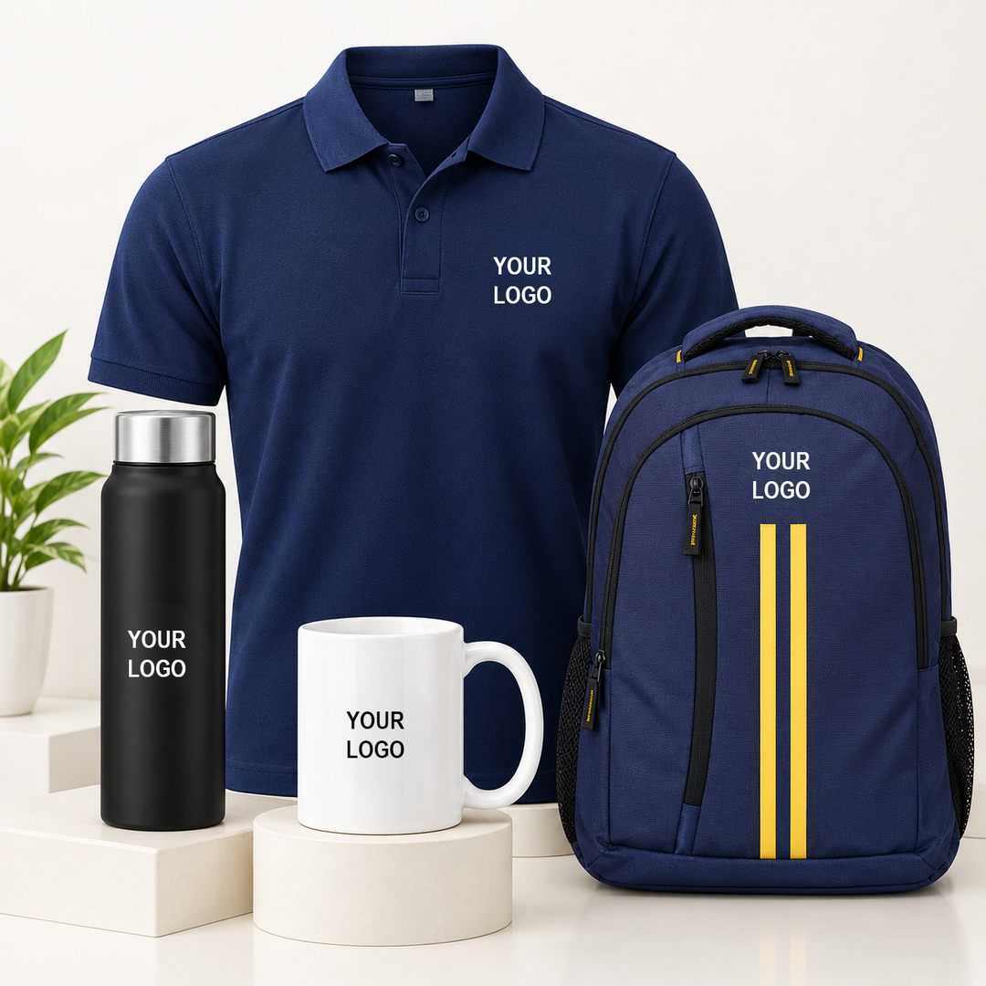 Corporate Combo Gift Set Featuring a Custom Logo Polo T-Shirt, Branded Backpack, Stainless Steel Water Bottle, and Coffee Mug for Employee Welcome Kits and Corporate Gifting