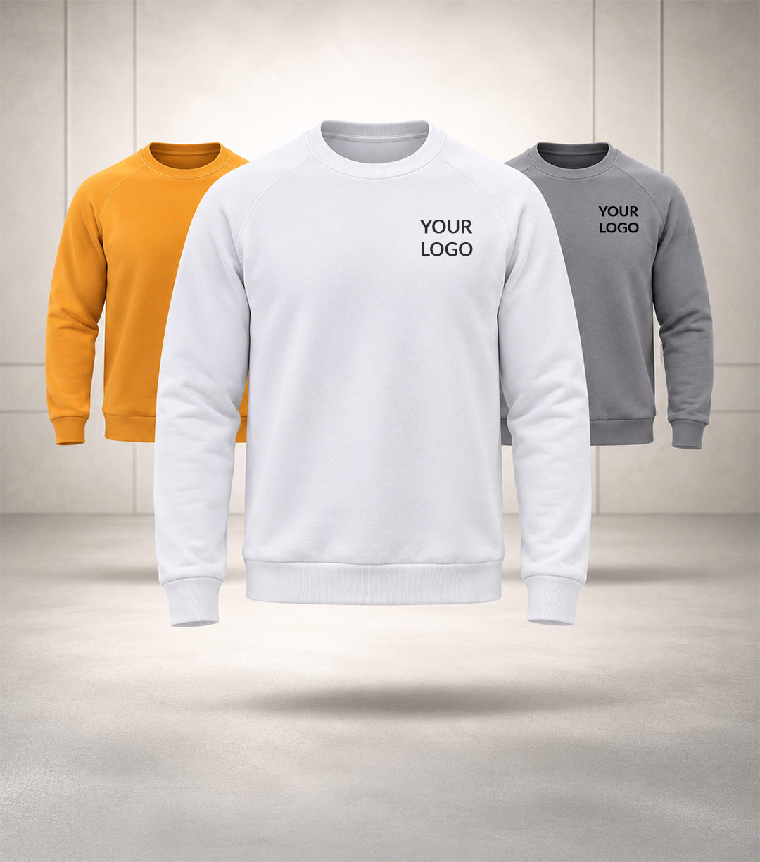 Exalon Custom Corporate Sweatshirts in White, Mustard Yellow and Grey with Logo Branding for Employee Apparel, Team Uniforms and Bulk Corporate Orders