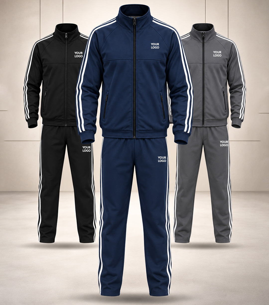 Exalon Custom Logo Tracksuits in Navy Blue, Black and Grey with Matching Jackets and Track Pants for Corporate Uniforms, Team Sportswear and Bulk Orders