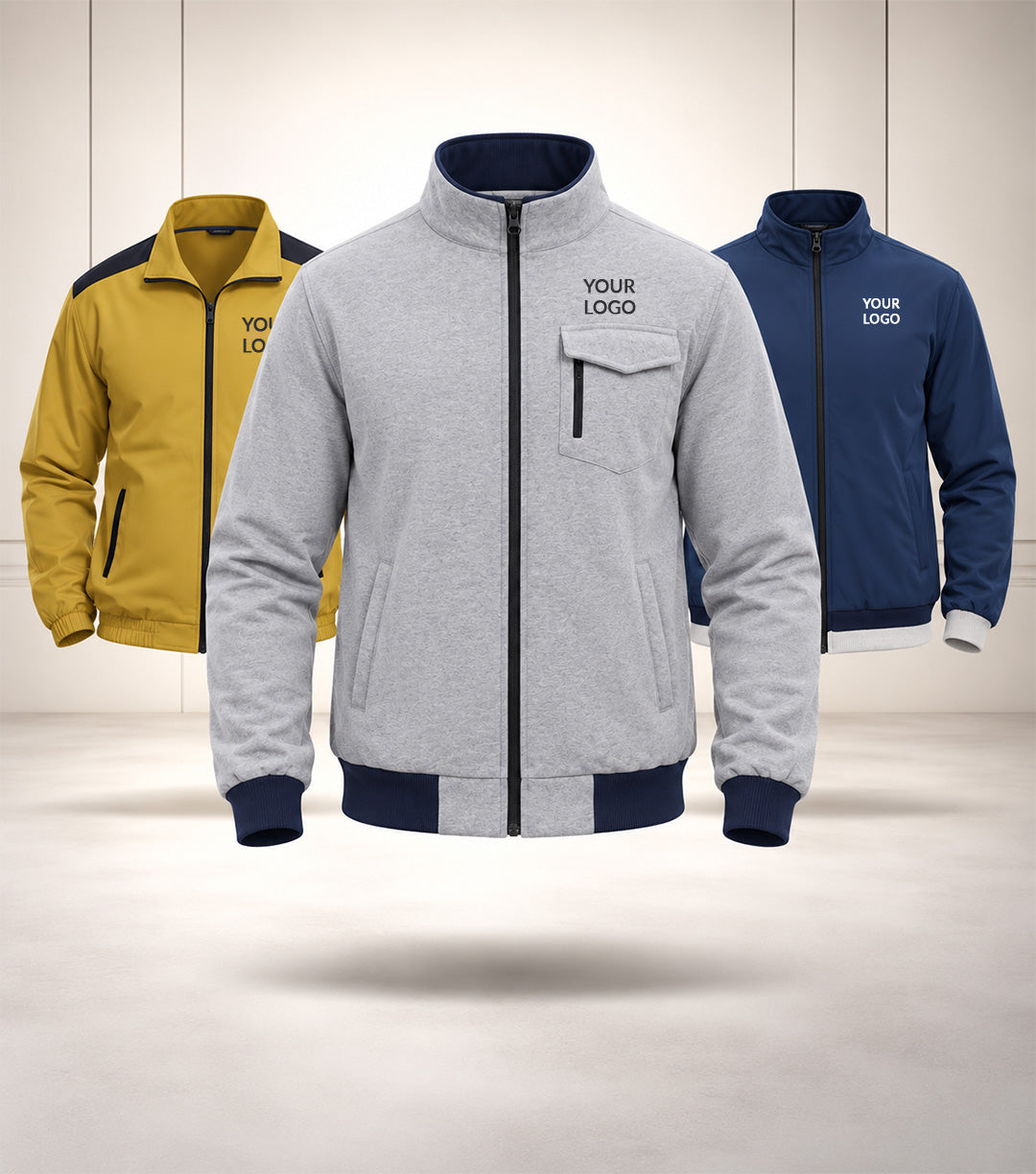 Exalon All Weather Jackets in Grey, Mustard Yellow and Navy Blue with Custom Logo Branding for Corporate Uniforms, Teamwear and Bulk Business Orders
