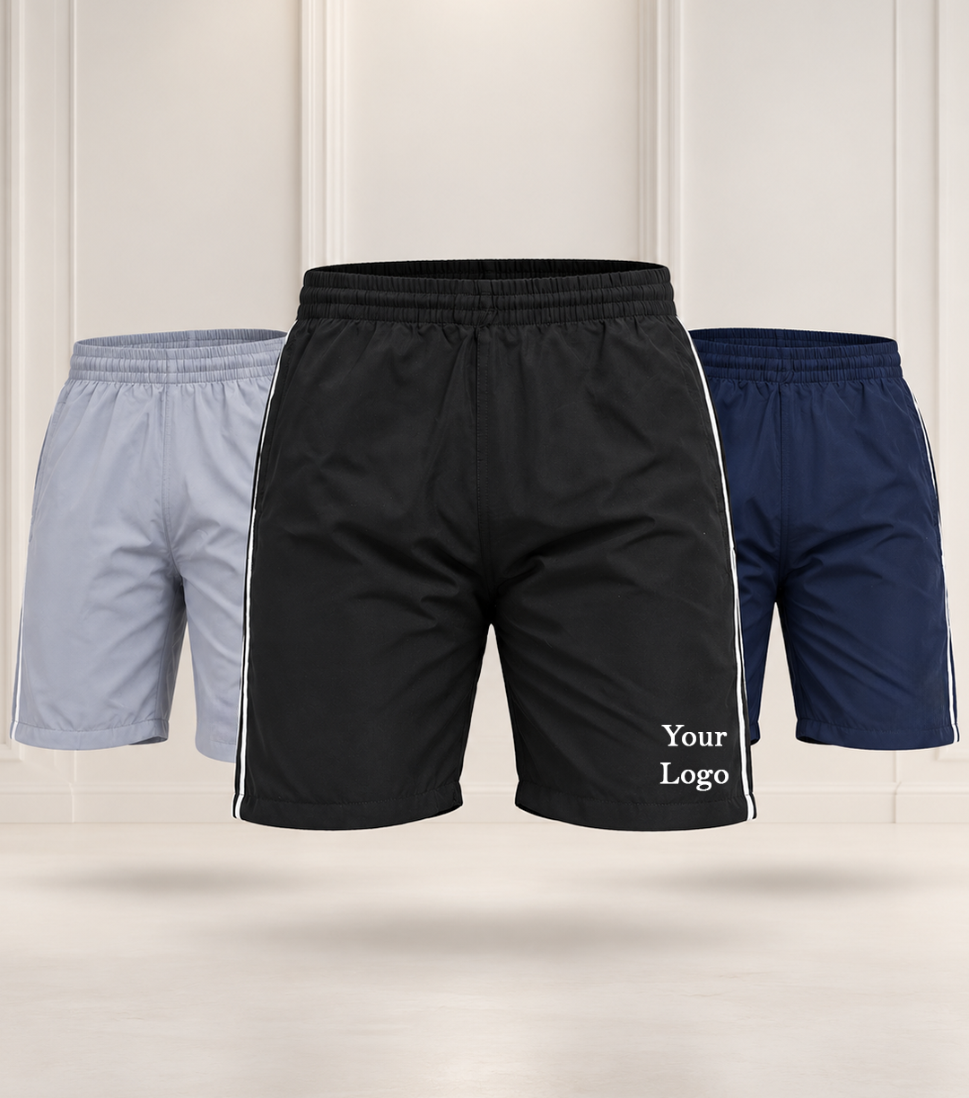 Custom Logo Sports Shorts in Black, Grey, and Navy Blue for Corporate Teams, Sports Events, Team Uniforms, and Bulk Apparel Orders
