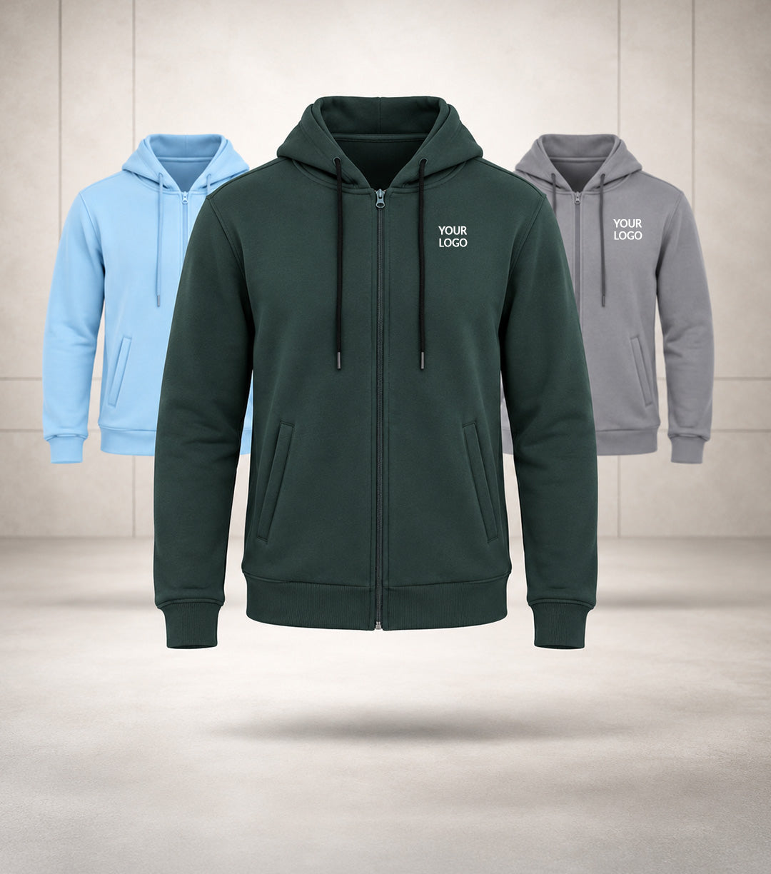 Exalon Custom Corporate Zip-Up Hoodies in Bottle Green, Sky Blue and Grey with Logo Branding for Employee Apparel, Team Uniforms and Bulk Corporate Orders