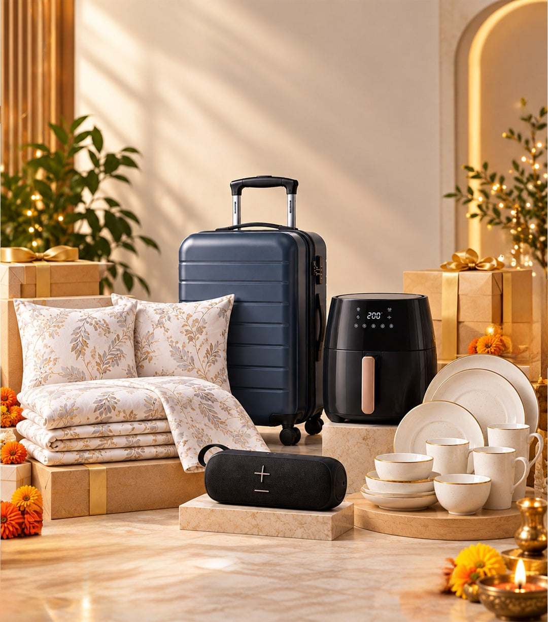 Corporate Diwali Gift Hampers Featuring Premium Luggage, Home Furnishings, Kitchen Appliances, Dinnerware, and Decorative Festive Gifts