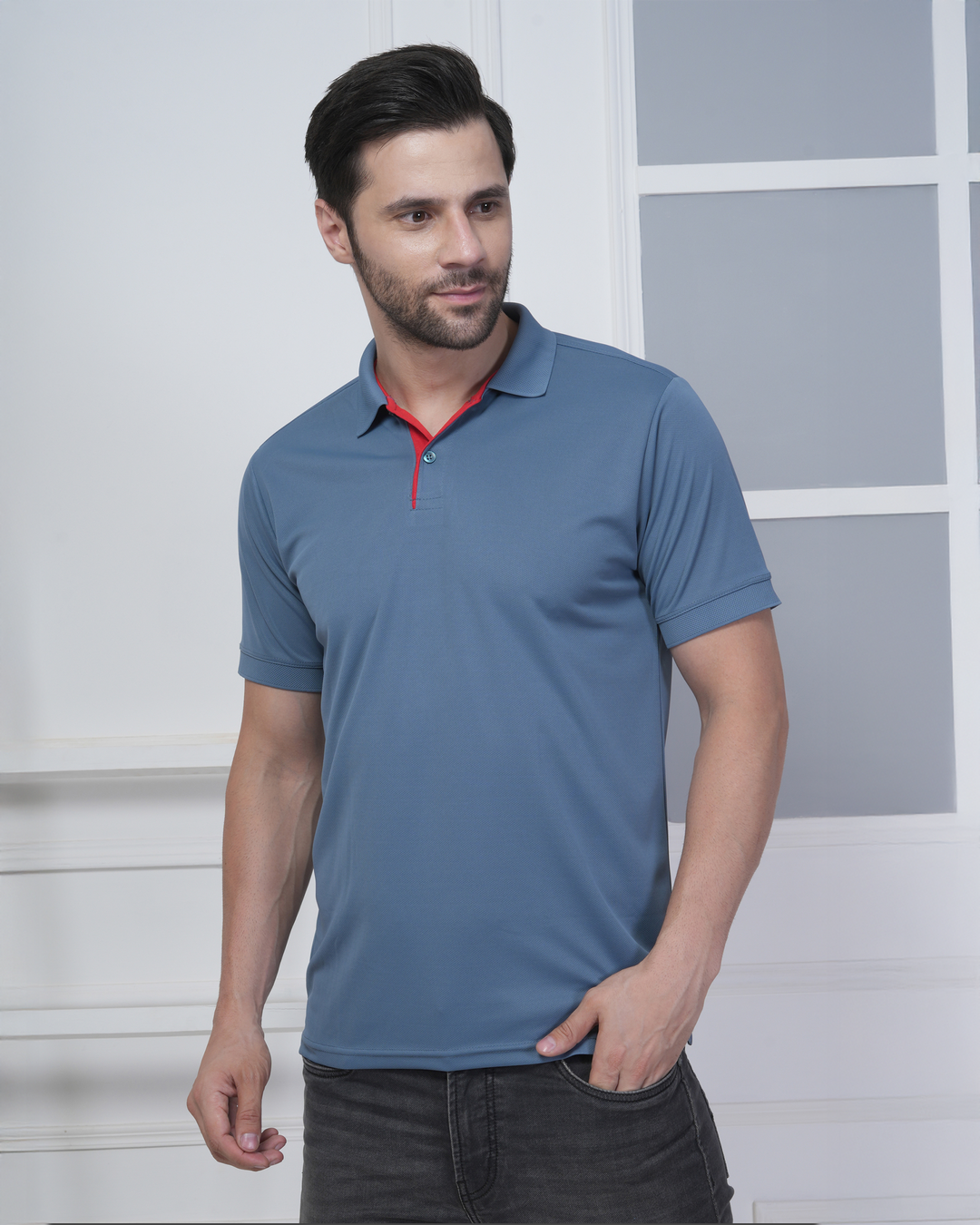 Steel Blue Jacquard Polyester Corporate Polo T-Shirt