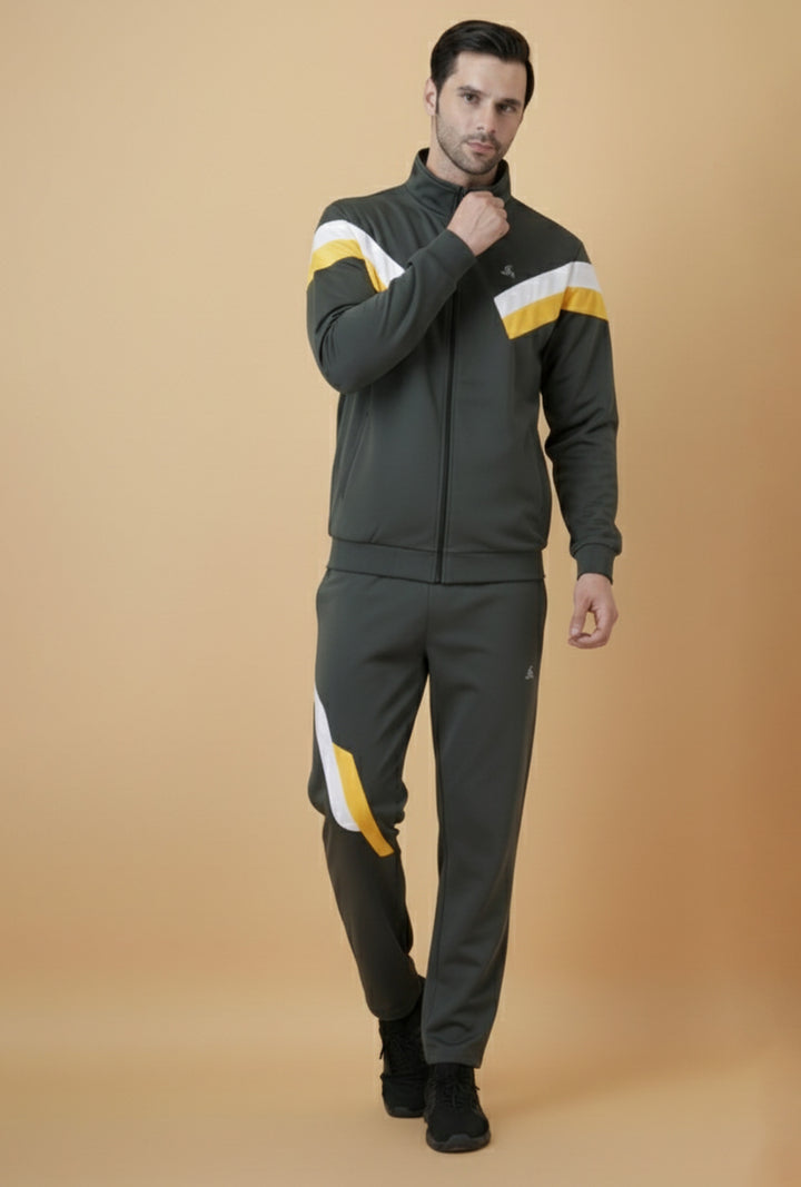 Men’s Forest Green Tracksuit Set with White &amp; Yellow Panels