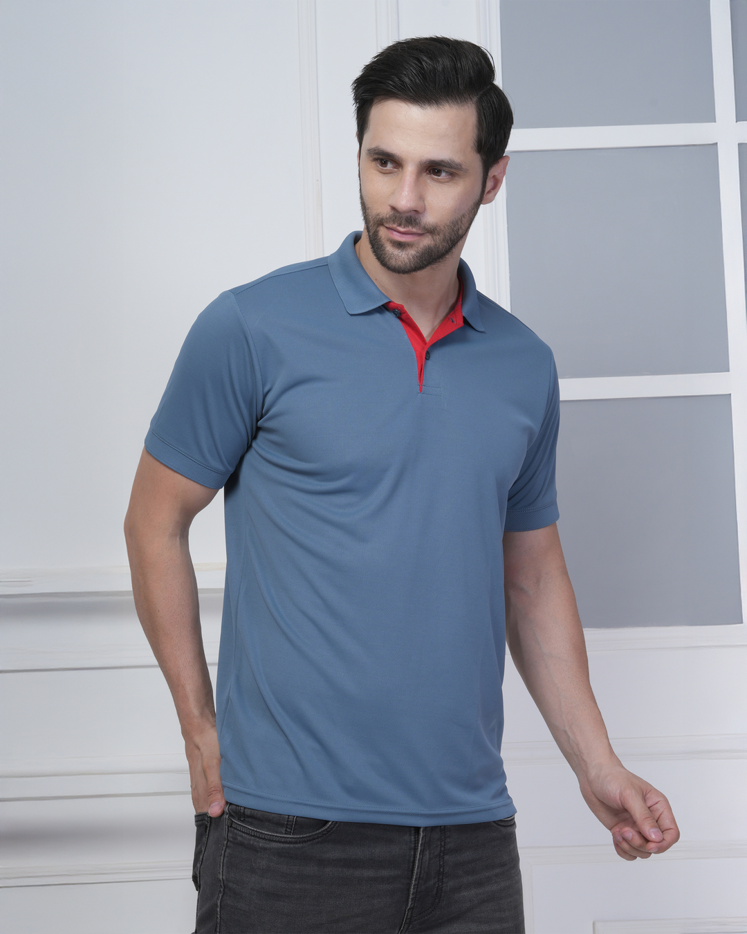 Steel Blue Jacquard Polyester Corporate Polo T-Shirt