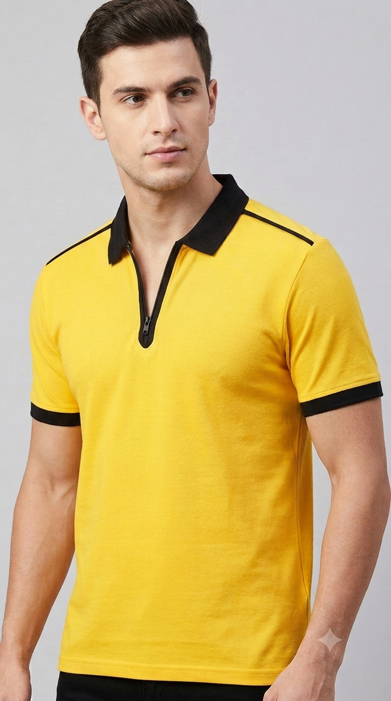 Yellow &amp; Black Contrast Zip Collar Corporate Polo T-Shirt