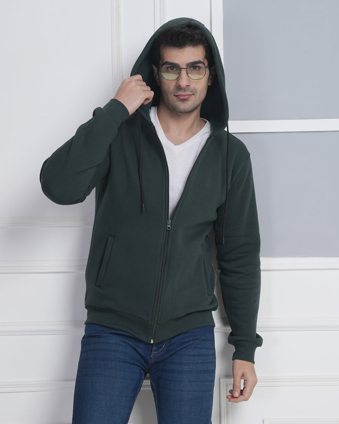Exalon Bottle Green 340 GSM PC Fleece Full Zip Hoodie