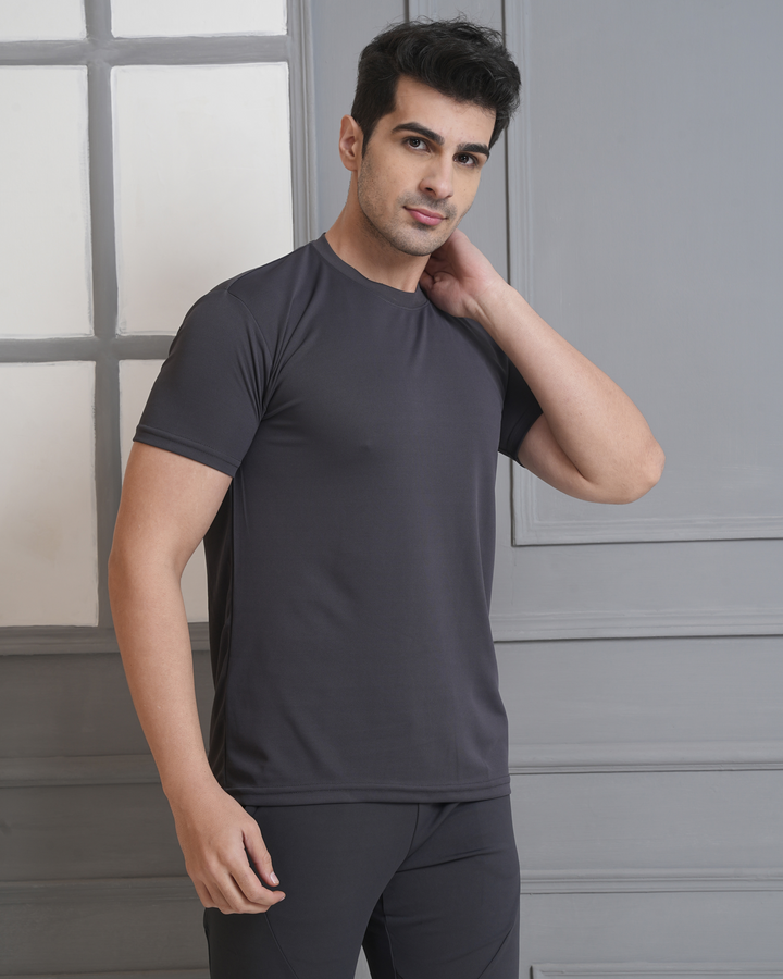 Charcoal Grey Micro Polyester Corporate Round Neck T-Shirt