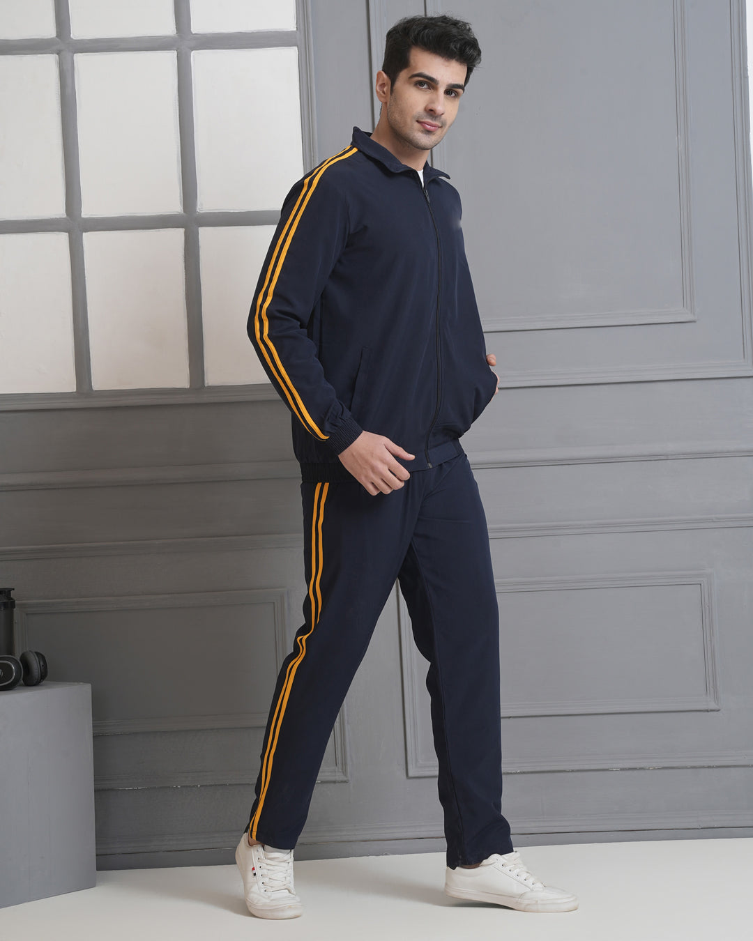 Men’s Navy Blue Tracksuit with Yellow Stripes