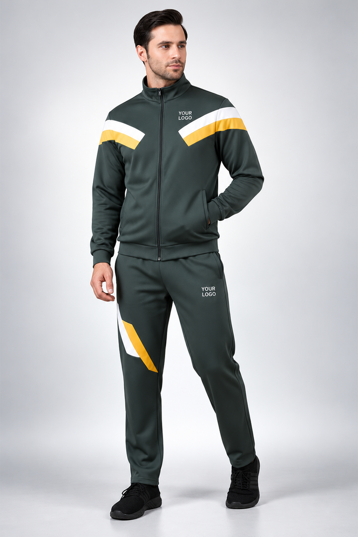 Men’s Forest Green Tracksuit Set with White &amp; Yellow Panels