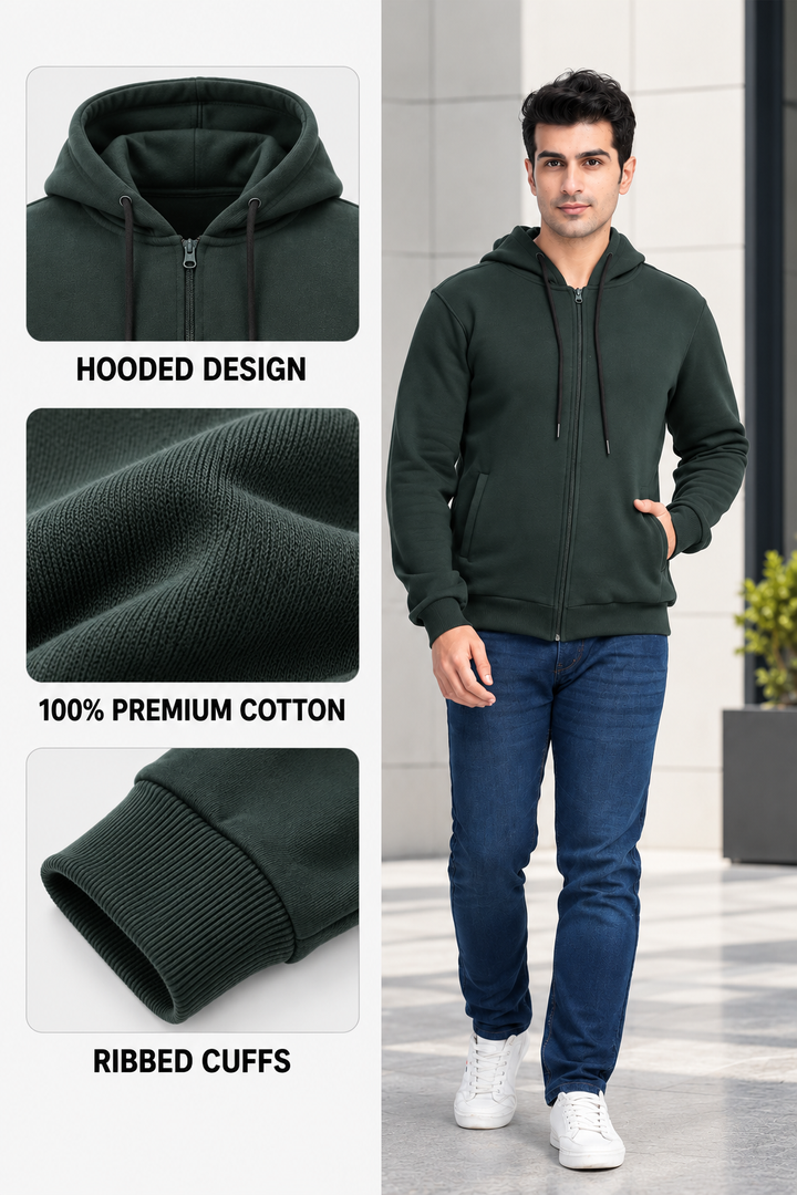 Exalon Bottle Green 340 GSM PC Fleece Full Zip Hoodie
