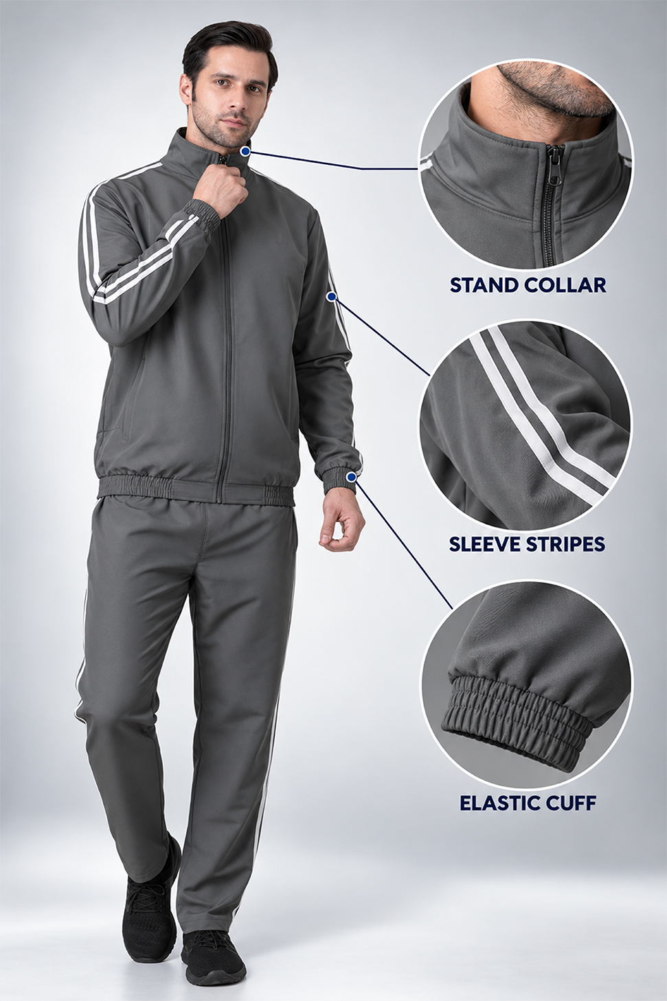Men’s Twin Stripe Tracksuit Set in Grey, Black &amp; Navy