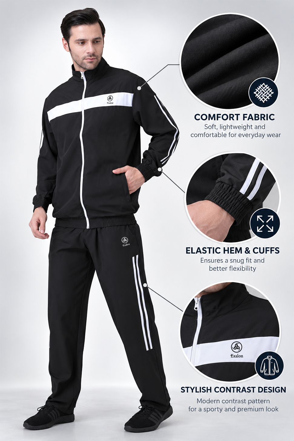 Men’s White Chest Panel Tracksuit Set in Black &amp; Navy