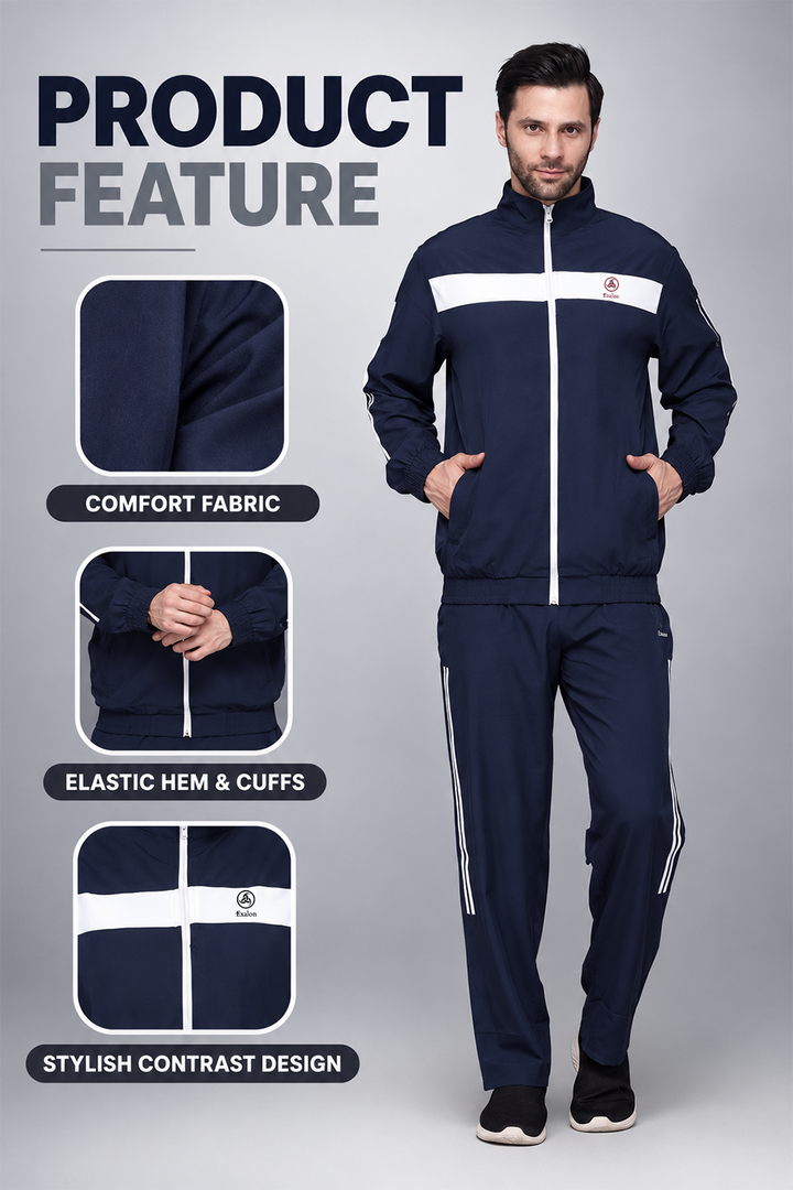 Men’s White Chest Panel Tracksuit Set in Black &amp; Navy