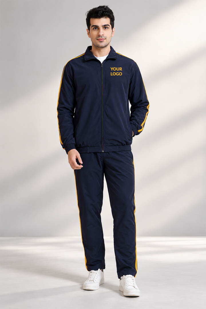 Men’s Navy Blue Tracksuit Set with Yellow Twin Stripes
