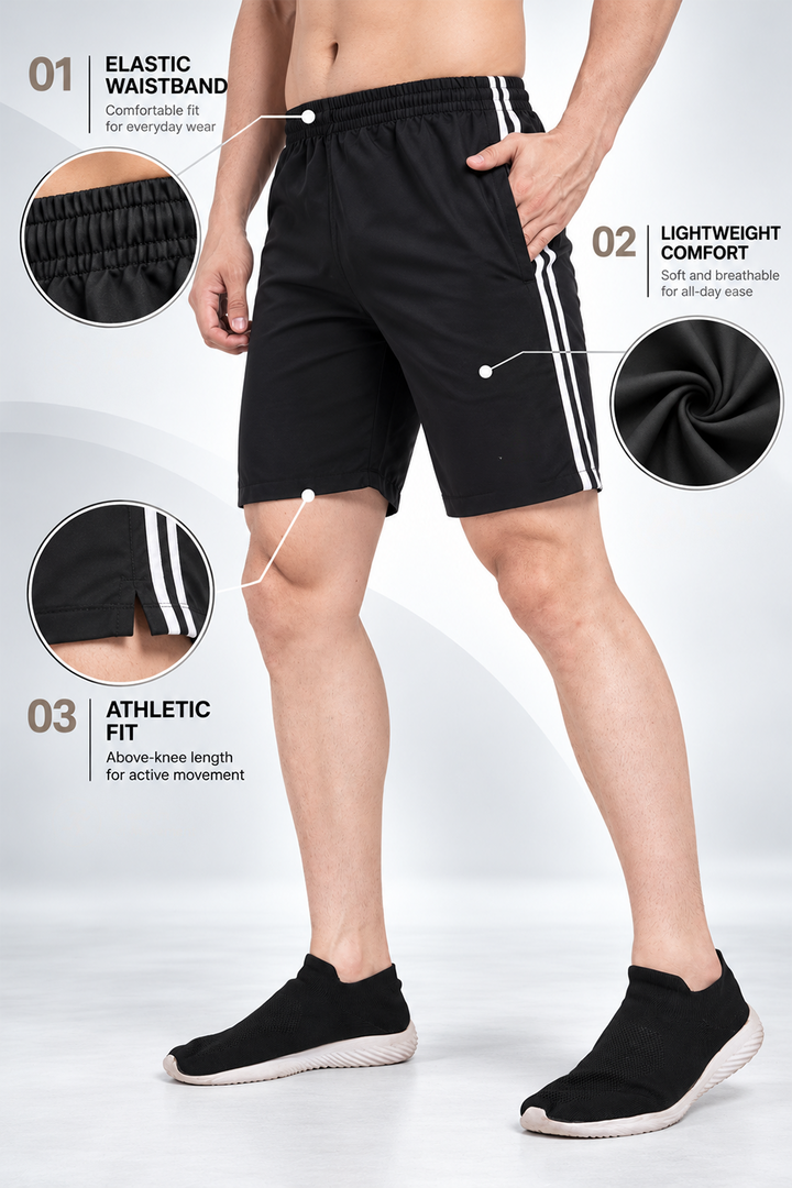 Black &amp; White Side Stripe Athletic Shorts | TZ Net Fabric