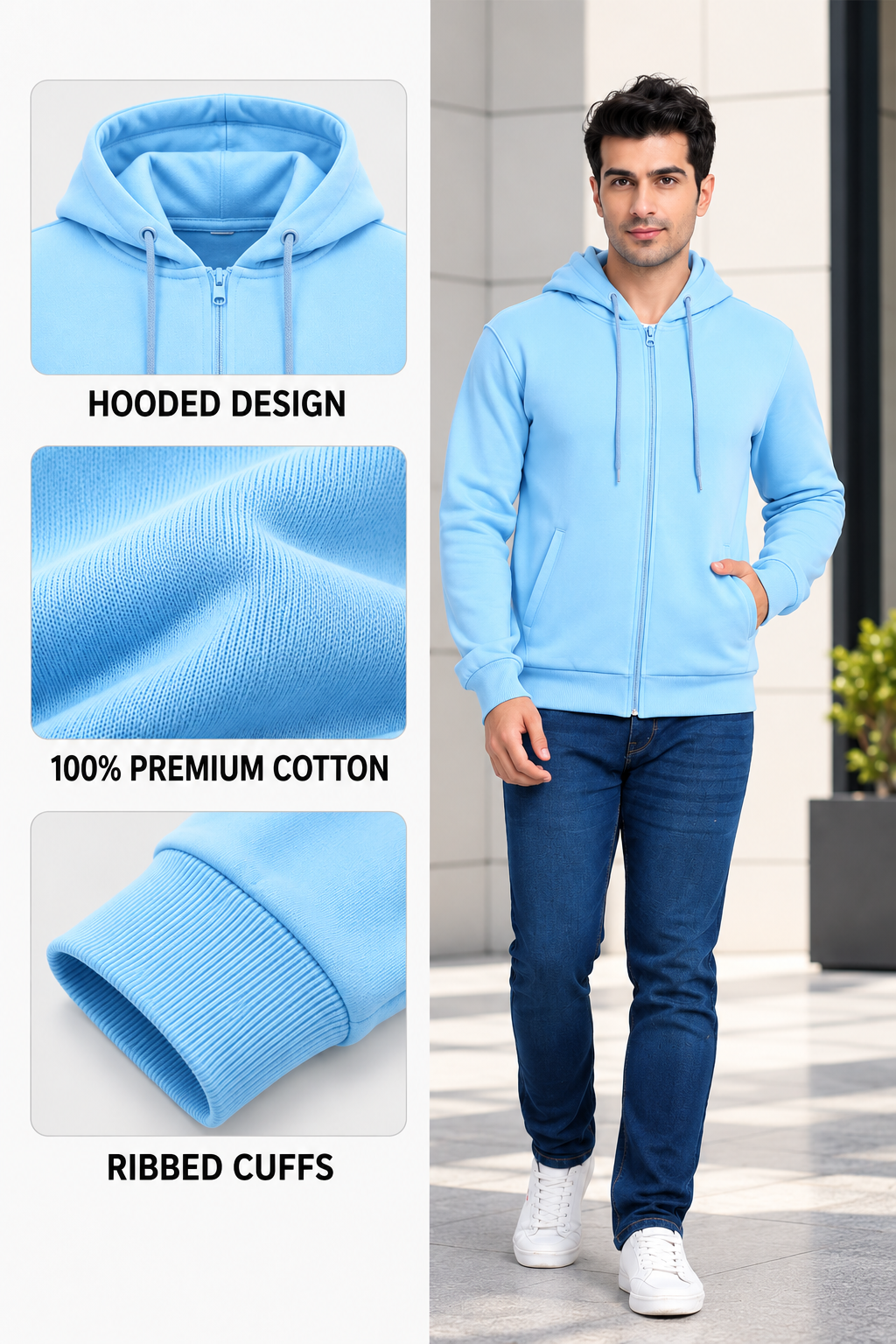 Sky Blue Corporate Front-Zip Hoodie for Bulk Branding