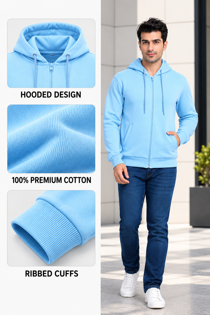 Sky Blue Corporate Front-Zip Hoodie for Bulk Branding