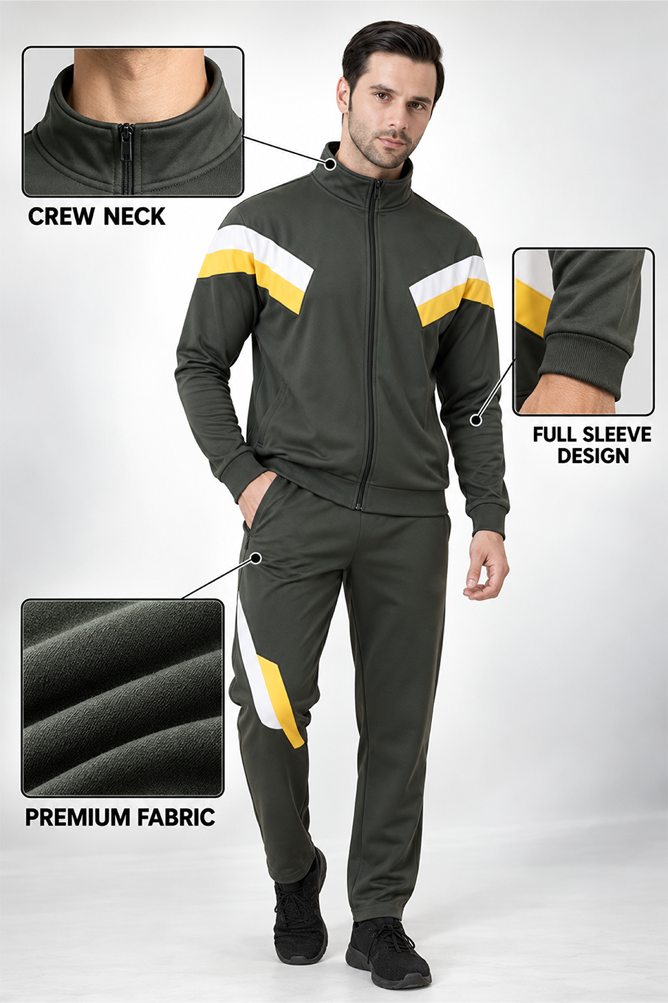 Men’s Forest Green Tracksuit Set with White &amp; Yellow Panels