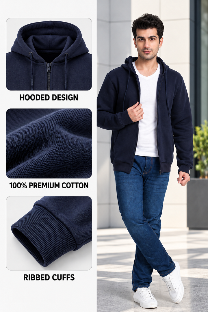 Exalon Navy Blue 340 GSM PC Fleece Zipper Hoodie for Corporate Uniforms &amp; Bulk Orders