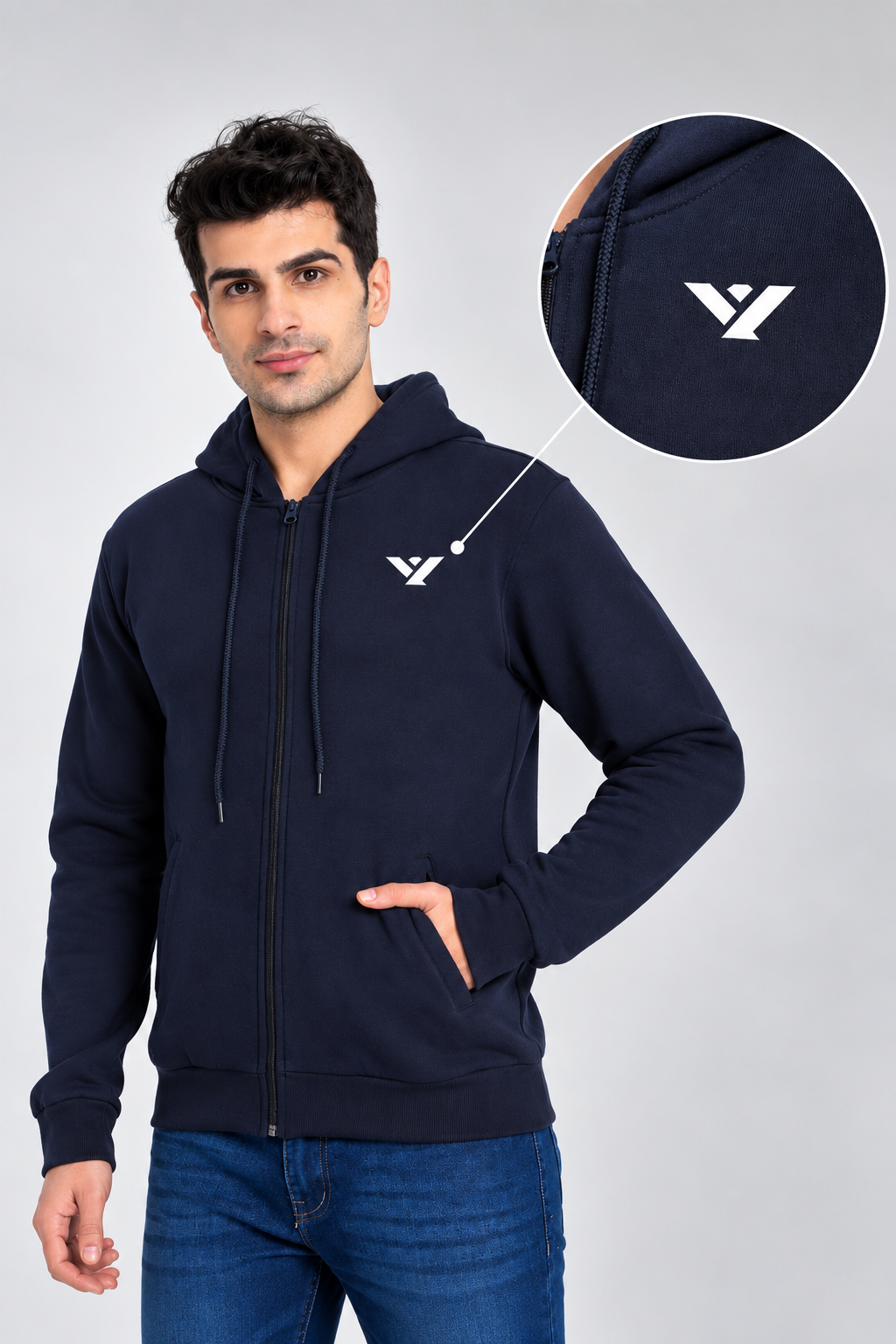 Exalon Navy Blue 340 GSM PC Fleece Zipper Hoodie for Corporate Uniforms &amp; Bulk Orders