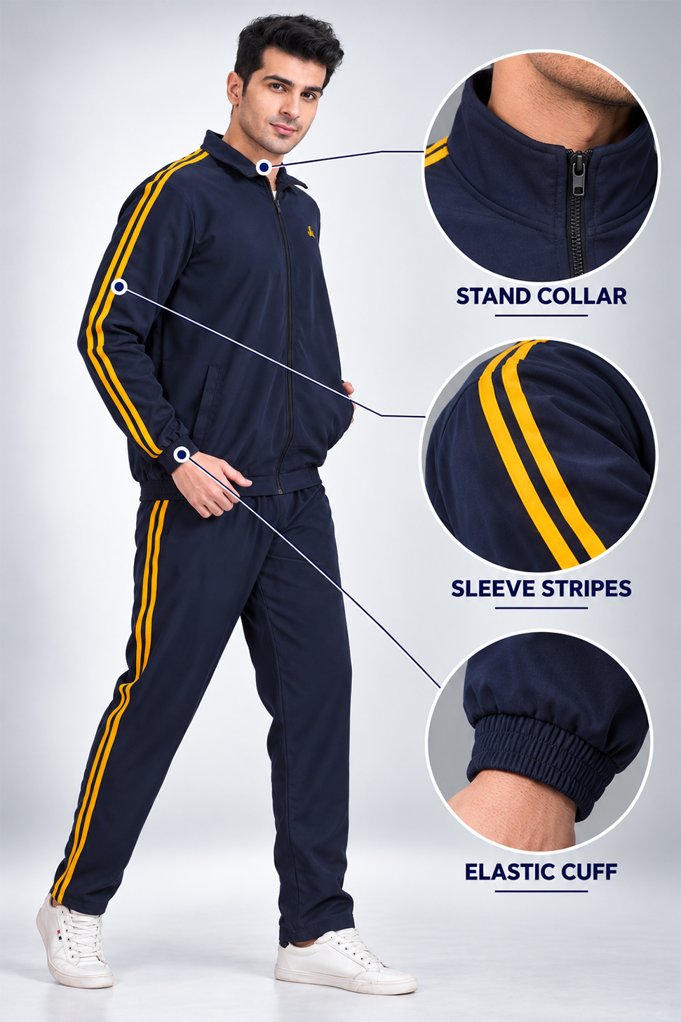 Men’s Navy Blue Tracksuit Set with Yellow Twin Stripes