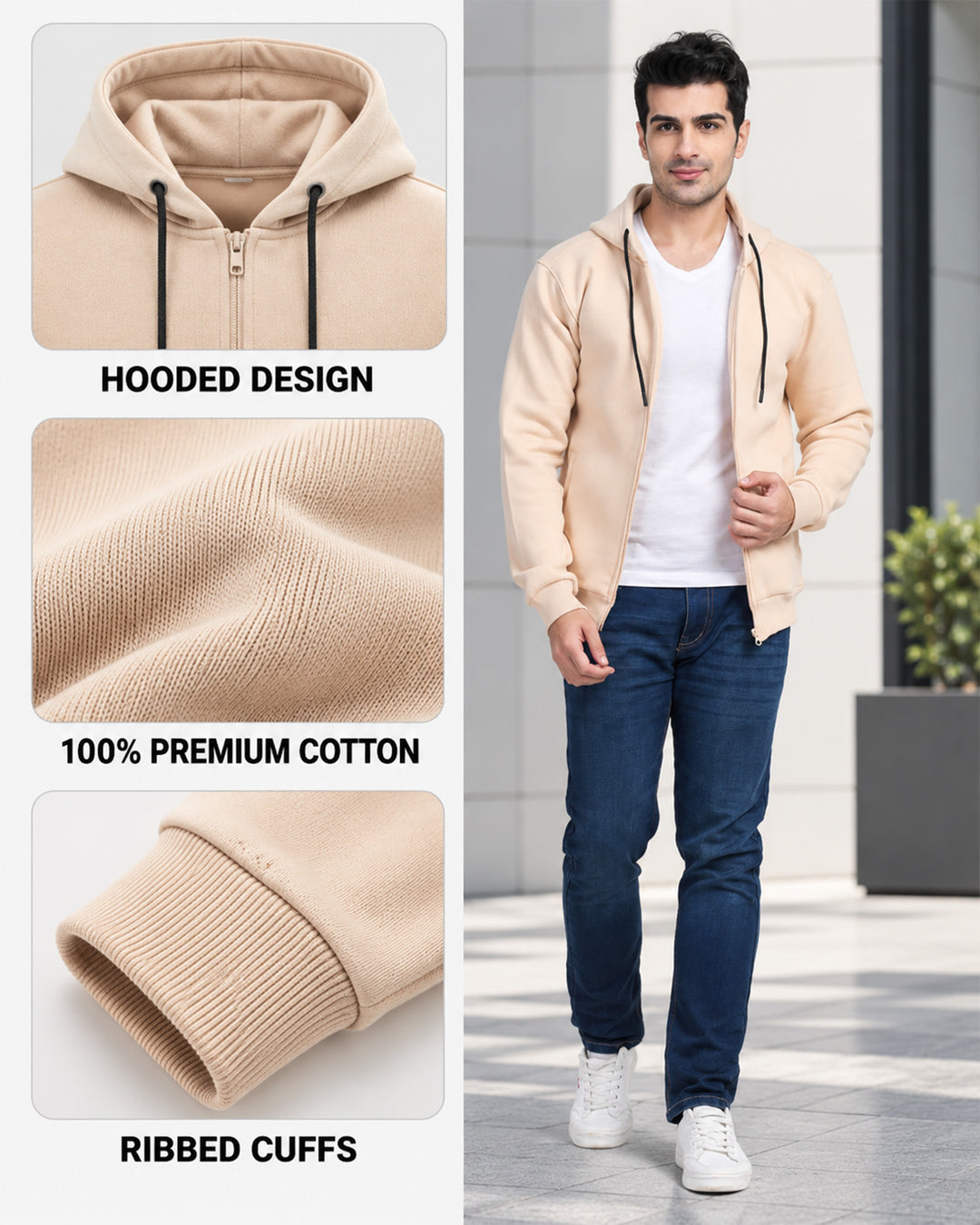 Sudadera con Capucha Beige con Cremallera para Regalos Corporativos y Ropa de Equipo