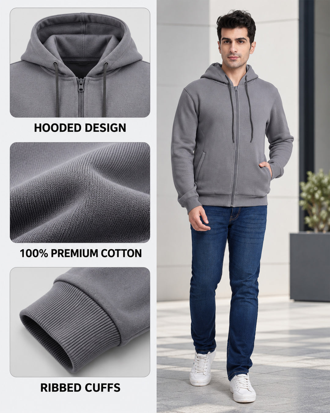 Custom Grey Corporate Zip-Up Hoodie | 100% Premium Cotton