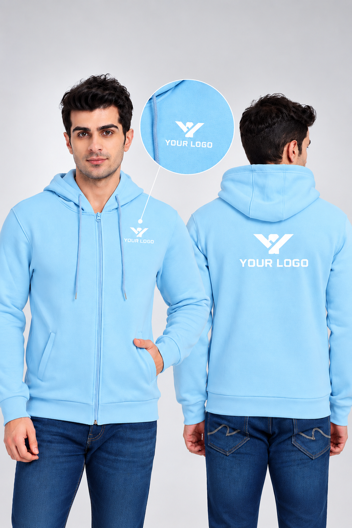 Sky Blue Corporate Front-Zip Hoodie for Bulk Branding