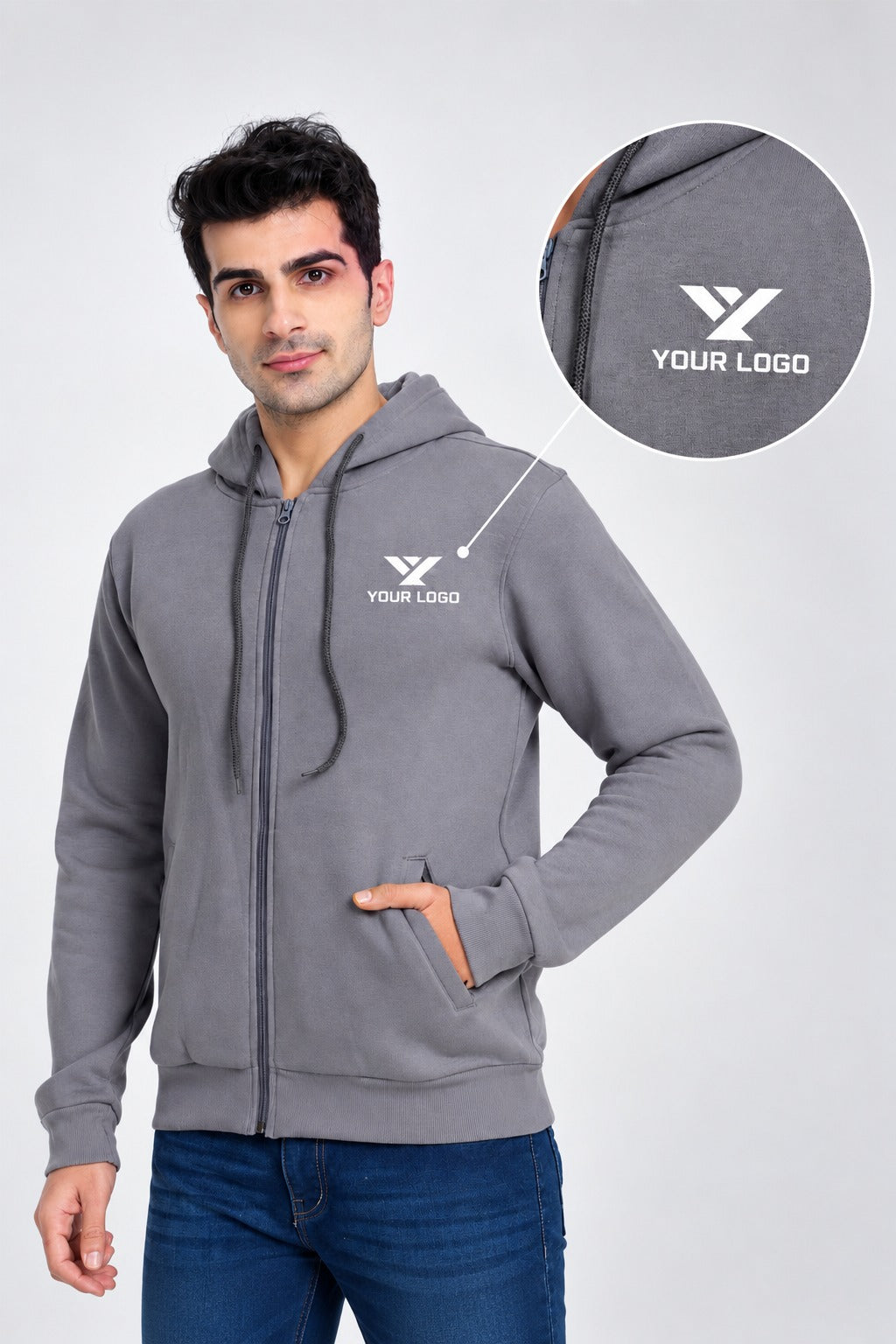 Custom Grey Corporate Zip-Up Hoodie | 100% Premium Cotton