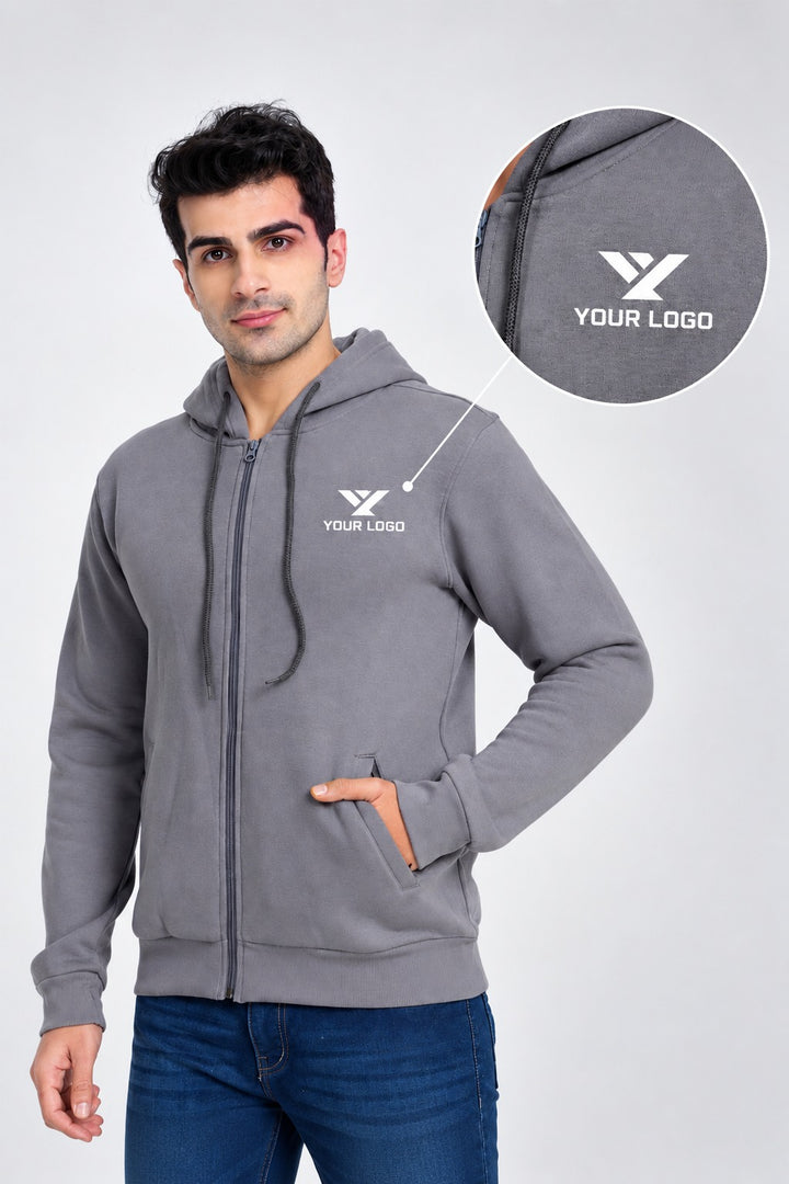 Custom Grey Corporate Zip-Up Hoodie | 100% Premium Cotton