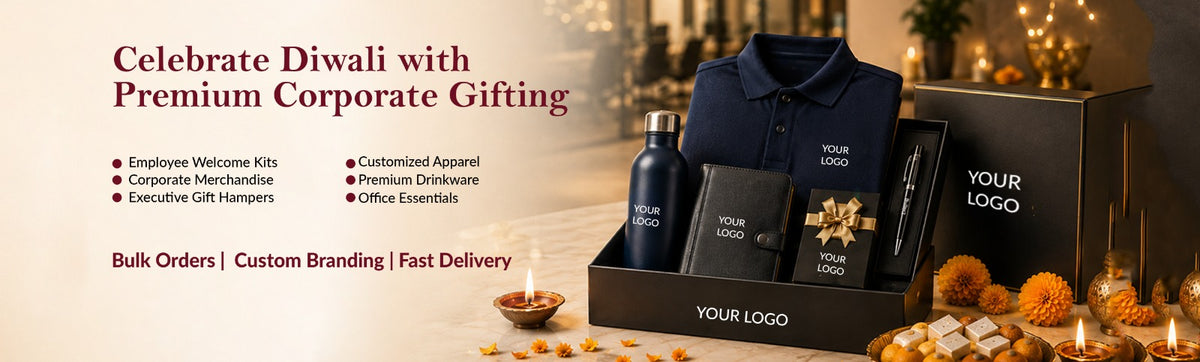 Corporate gifting: “Custom-branded corporate gift hamper with polo shirt, bottle, notebook and pen, displayed with Diwali decorations.”