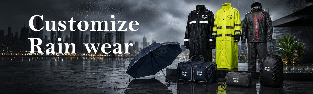 Rainwear: “Custom-logo raincoats, reflective rainwear, umbrella and bags displayed in a rainy city setting.”