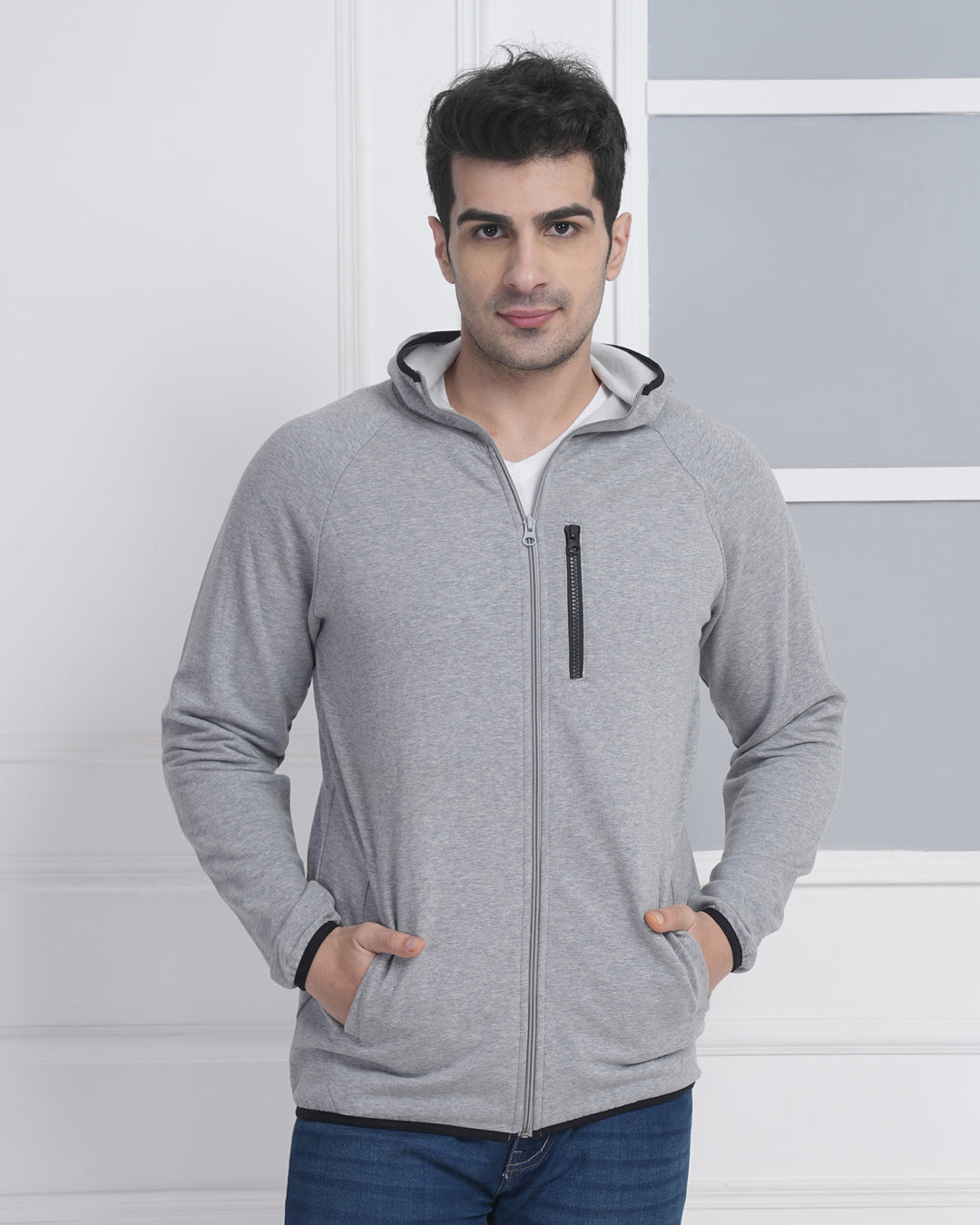 Grey Corporate Zip Hoodie with Utility Pocket Design