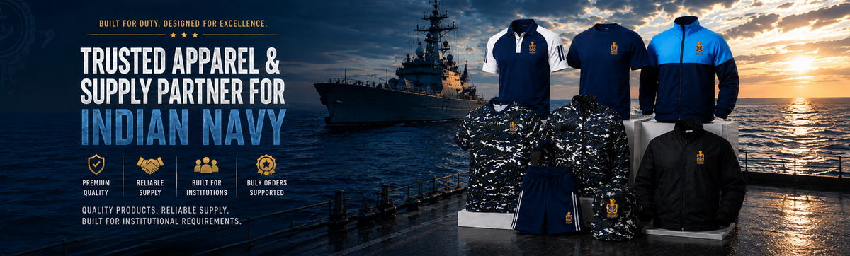 Navy apparel: “Indian Navy-themed polo shirts, T-shirts, jackets, camouflage apparel and shorts displayed against a naval ship backdrop.”