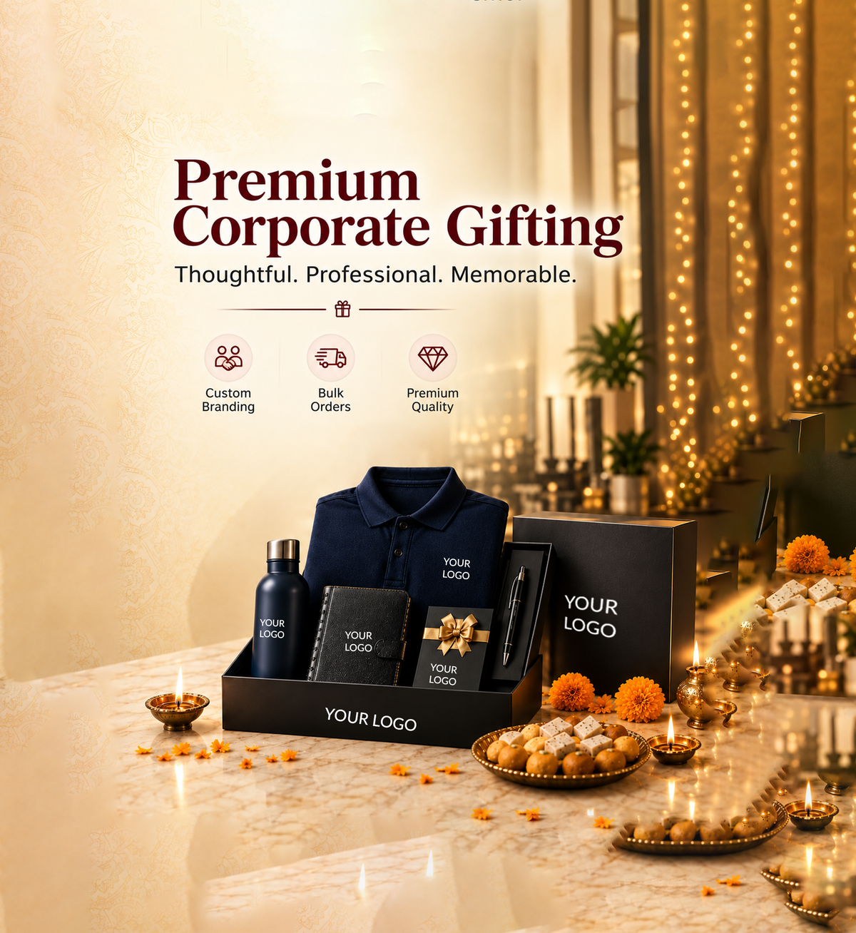 
Corporate gifting: “Custom-branded corporate gift hamper with polo shirt, bottle, notebook and pen, displayed with Diwali decorations.”