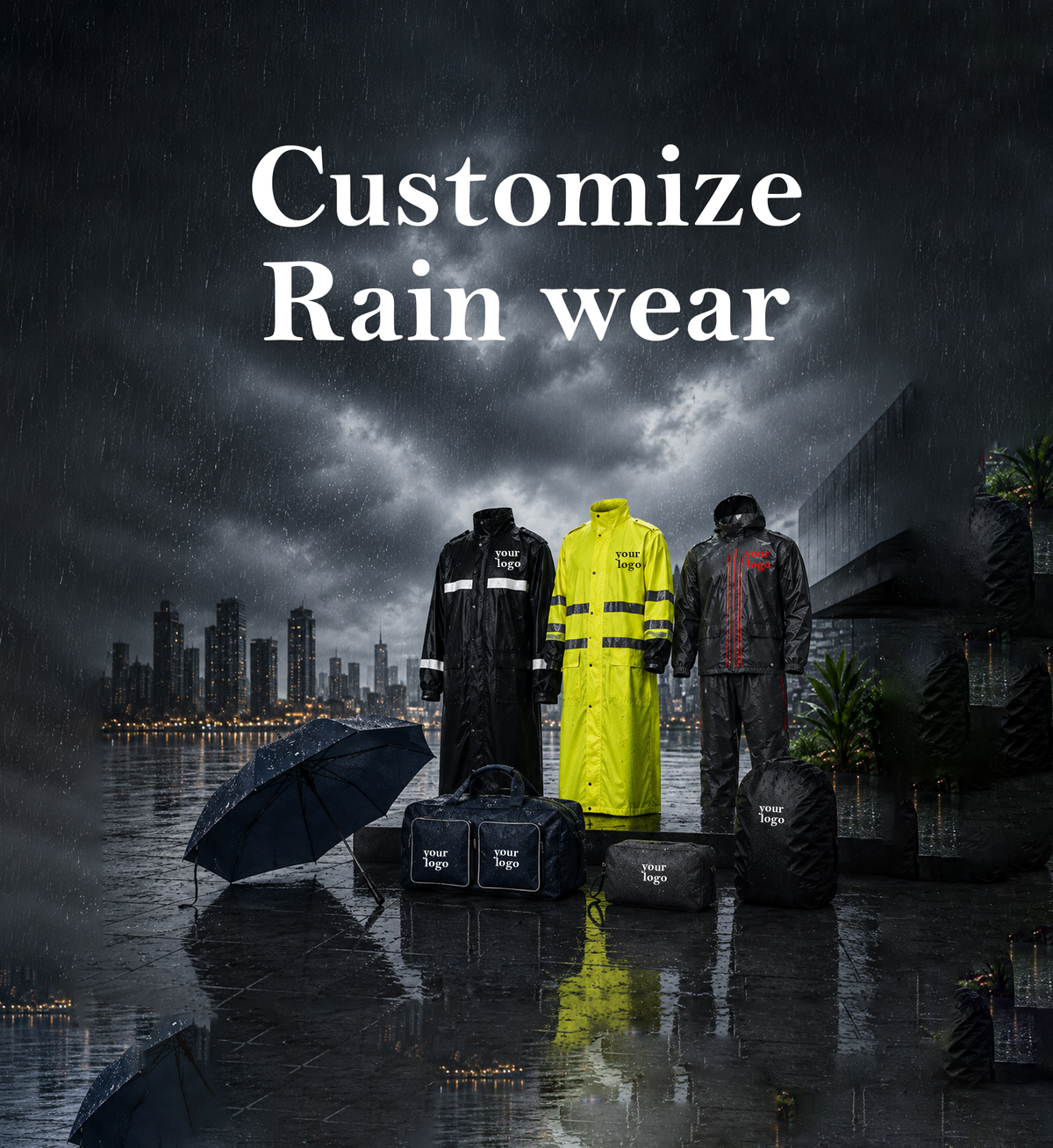 Rainwear: “Custom-logo raincoats, reflective rainwear, umbrella and bags displayed in a rainy city setting.”