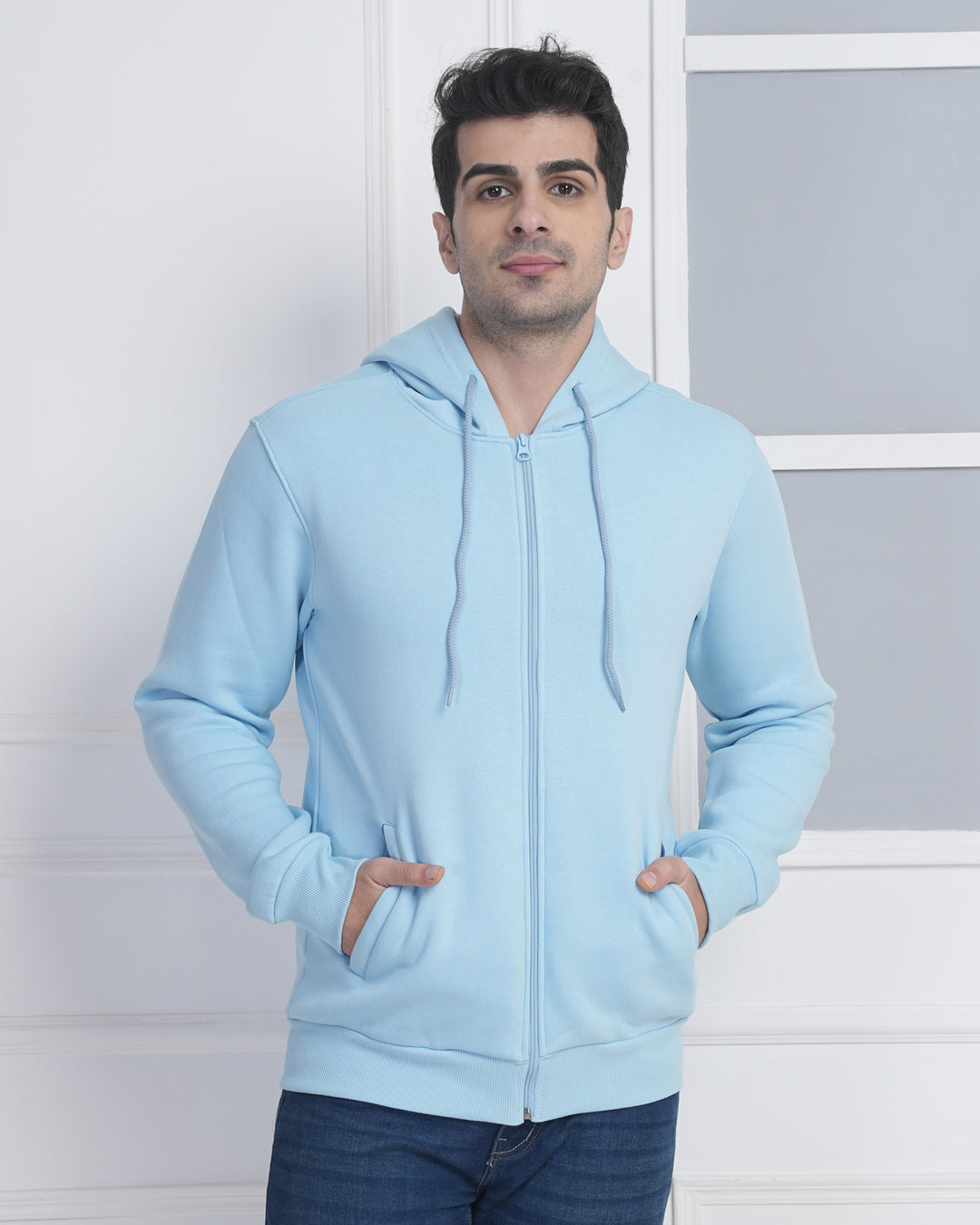 Sky Blue Corporate Front-Zip Hoodie for Bulk Branding